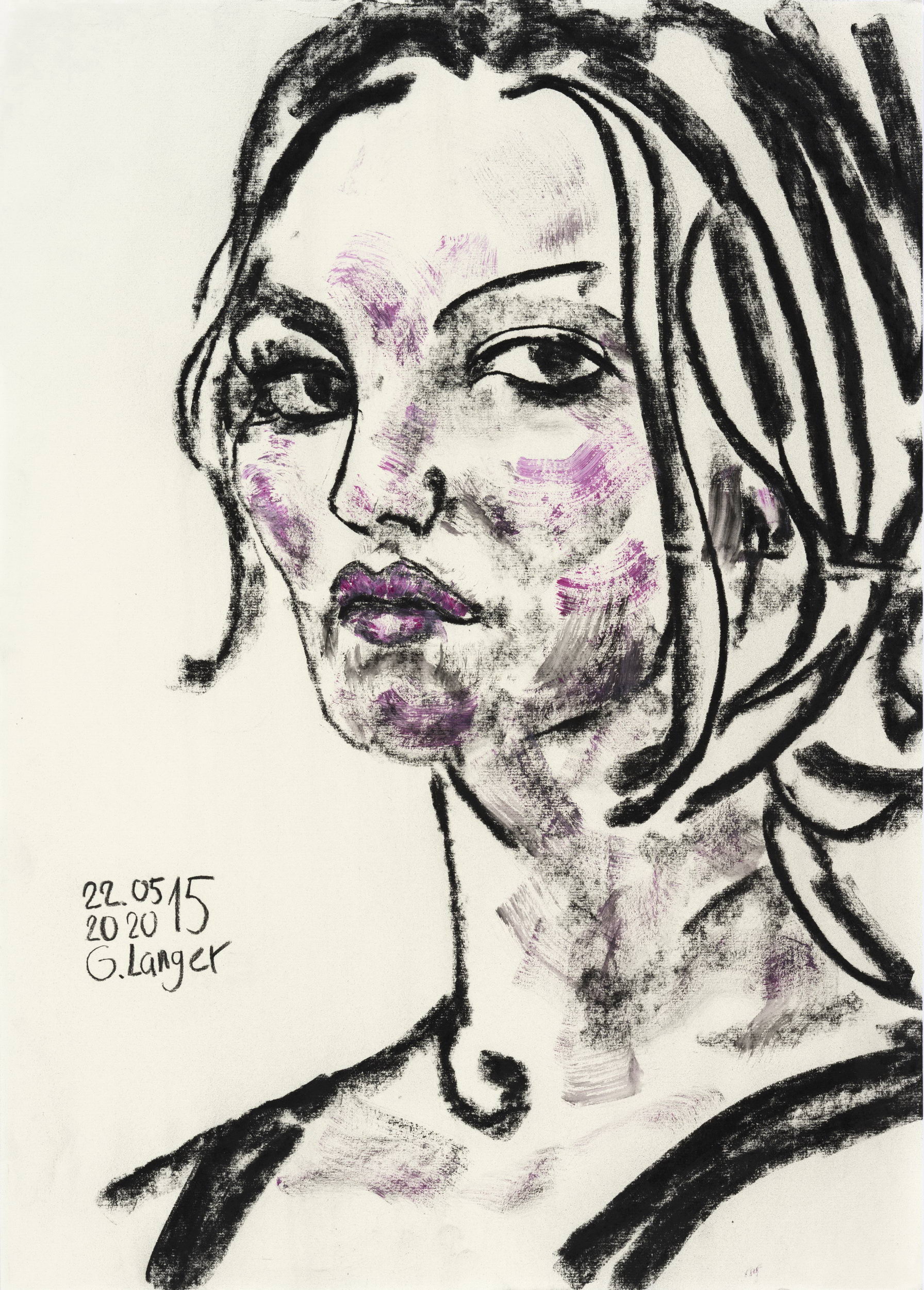 Gunter Langer, Frauenportrait, 2020, Gouache Wasserfarbe Kohle, Zeichenpapier, 70 x 50 cm